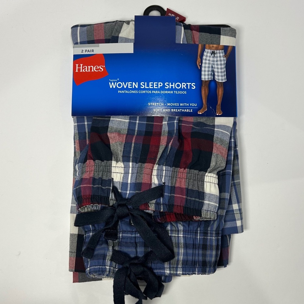 Hanes Mens 2PK Woven Plaid Sleep Shorts Blue Red White Small New‎